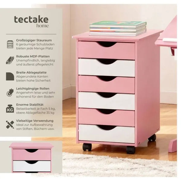 Rollcontainer aus Holz mit 6 Schubladen rosa