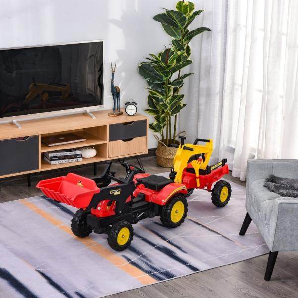 Trettraktor mit Anhänger Tretbagger mit Frontlader Kindertrettraktoren ab 3 Jahre Stahl Kunststoff Rot 179 x 42 x 59 cm
