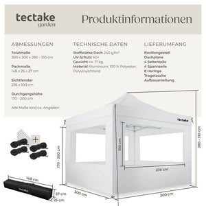 Faltbarer Garten Pavillon 3x3m mit 4 Seitenteilen weiss