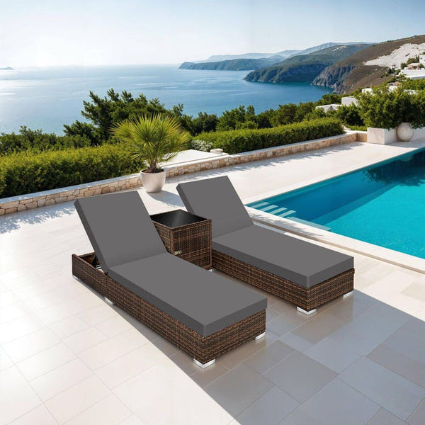 2 aluminium polyrattan sun loungers + table, brown