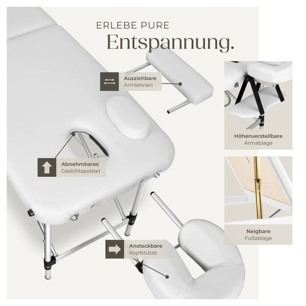 3 Zonen Massageliege mit 5cm Polsterung und Aluminiumgestell weiss