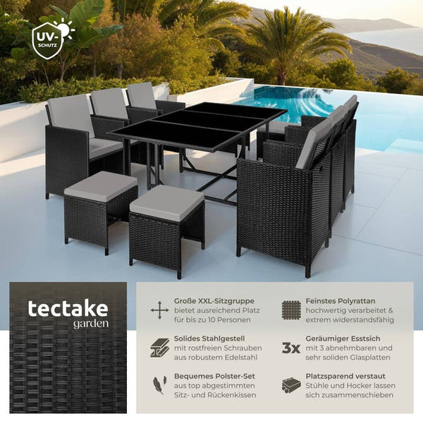 Rattan Sitzgruppe Malaga 6+4+1 mit Schutzhülle - schwarz/grau
