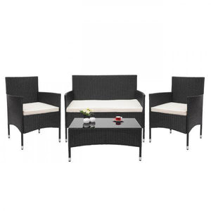 Poly-Rattan Garnitur HWC-F55, Balkon-/Garten-/Lounge-Set Sofa Sitzgruppe ~ schwarz, Kissen creme