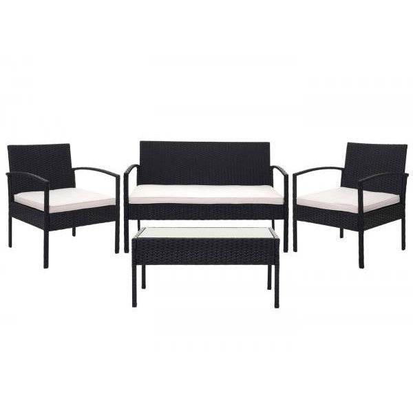 Poly-Rattan Garnitur HWC-F56, Balkon-/Garten-/Lounge-Set Sitzgruppe ~ schwarz, Kissen creme