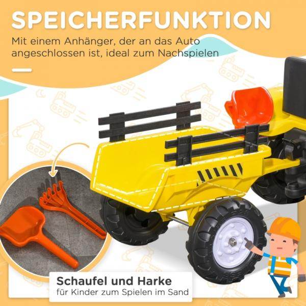 Trettraktor mit Anhänger, Werkzeug, Hupe, für Kinder ab 3 J., Metallrahmen, schwarz-gelb, 133 x 42 x 51 cm