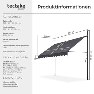 Klemmmarkise schwarz/grau 300 x 180 cm