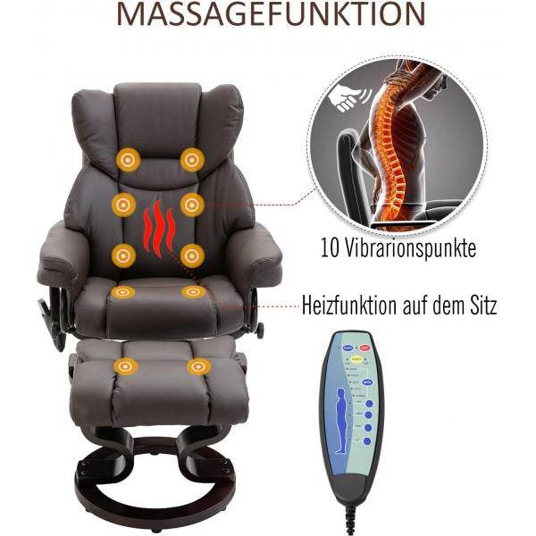 Massagesessel Relaxsessel mit Fusshocker Heizfunktion Kunstleder Braun