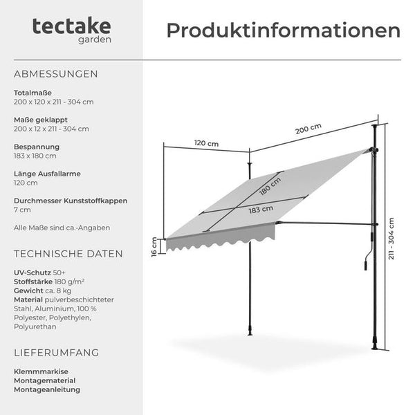 Klemmmarkise hellgrau 200 x 180 cm