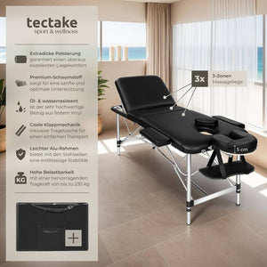 3 Zonen Massageliege mit 5cm Polsterung und Aluminiumgestell schwarz