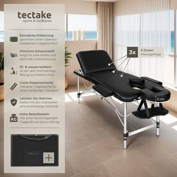 3 Zonen Massageliege mit 5cm Polsterung und Aluminiumgestell schwarz