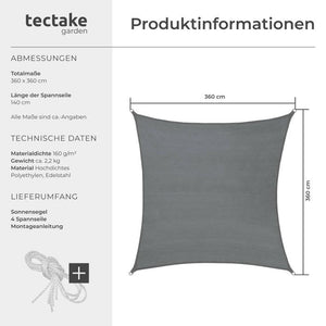 Polyethylen Sonnensegel quadratisch, 360x360cm