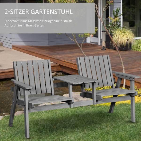 Gartenbank mit Tisch, Sitzgruppe, mit Regenschirmloch, Sitzbank, 2 Stühle, Massivholz, Grau