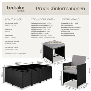 Rattan Sitzgruppe Palma 8+4+1 mit Schutzhülle schwarz/grau
