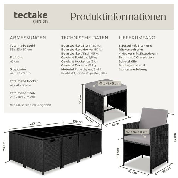 Rattan Sitzgruppe Palma 8+4+1 mit Schutzhülle schwarz/grau