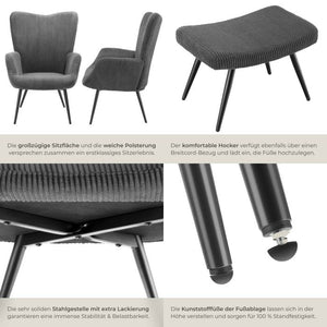 Sessel Hygge gepolstert, ergonomisch, Belastbarkeit 150 kg Breitcord anthrazit/schwarz mit Hocker
