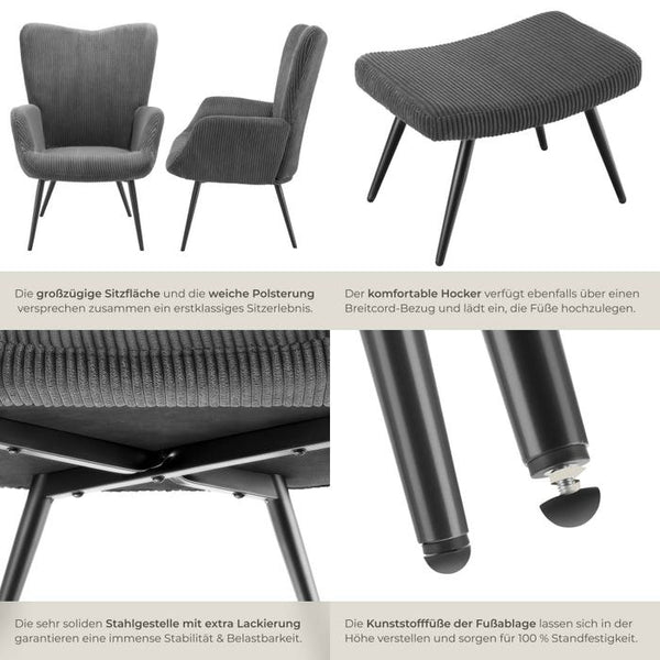 Sessel Hygge gepolstert, ergonomisch, Belastbarkeit 150 kg Breitcord anthrazit/schwarz mit Hocker