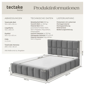 Bettset Polsterbett mit Matratze Samtoptik dunkelgrau 140 x 200 cm