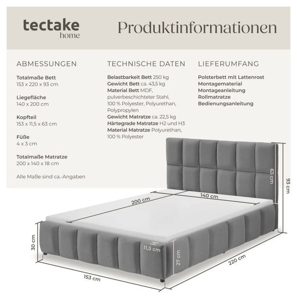 Bettset Polsterbett mit Matratze Samtoptik dunkelgrau 140 x 200 cm