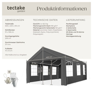 Gartenpavillon Jasko mit 4 Seitenteilen grau 6 x 4 m