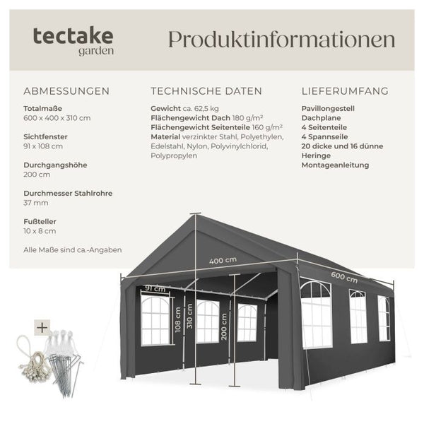 Gartenpavillon Jasko mit 4 Seitenteilen grau 6 x 4 m