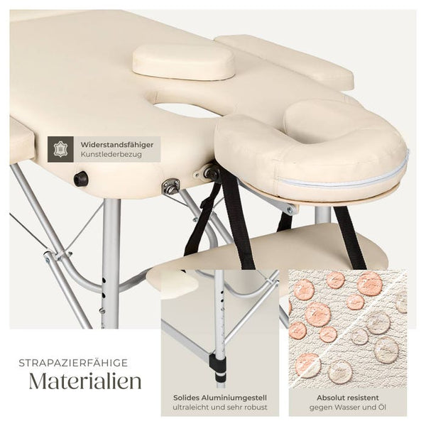 3 Zonen Massageliege mit 5cm Polsterung, Rollen und Aluminiumgestell beige