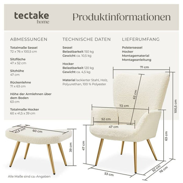 Sessel Hygge gepolstert, ergonomisch, Belastbarkeit 150 kg Bouclé creme/gold mit Hocker