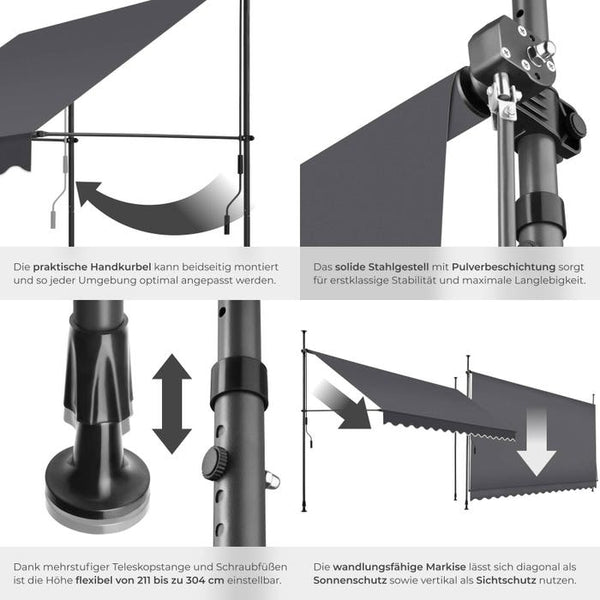 Klemmmarkise schwarz/grau 400 x 180 cm