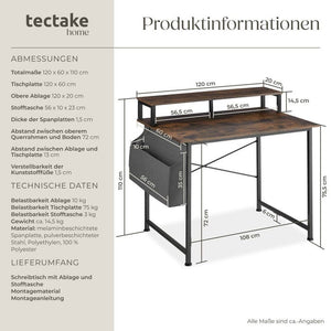 Schreibtisch mit Ablage und Stofftasche Industrial dunkelbraun 120 cm