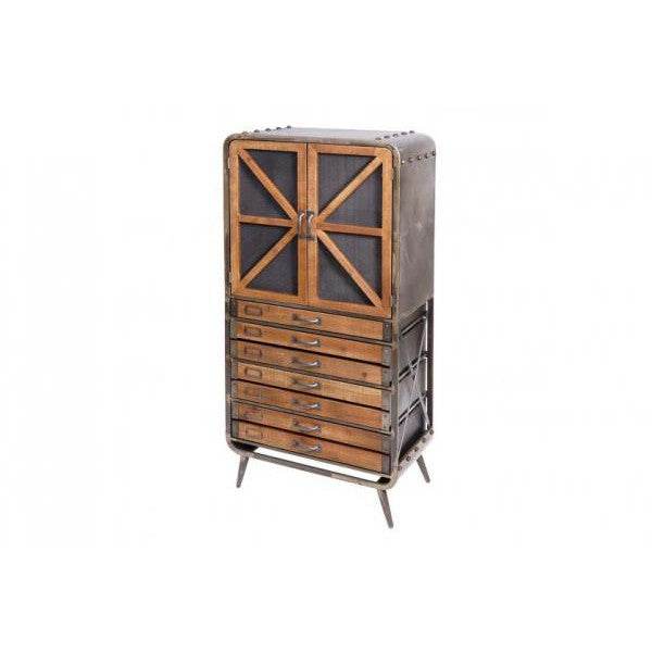 Hochschrank Apothekerschrank Industrial Tanne Holz Metall, braun-schwarz