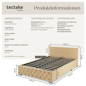 Polsterbett mit LED-Leisten & Stauraum beige 140 x 200 cm