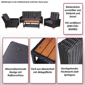 Gartengarnitur HWC-G28, Sitzgruppe Lounge-Set, Akazie Holz halbrundes Rattan verstellbar MVG ~ anthrazit, Kissen grau
