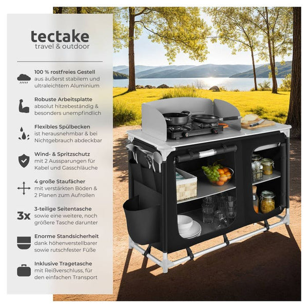 Luxury camping kitchen with 4 compartments, black