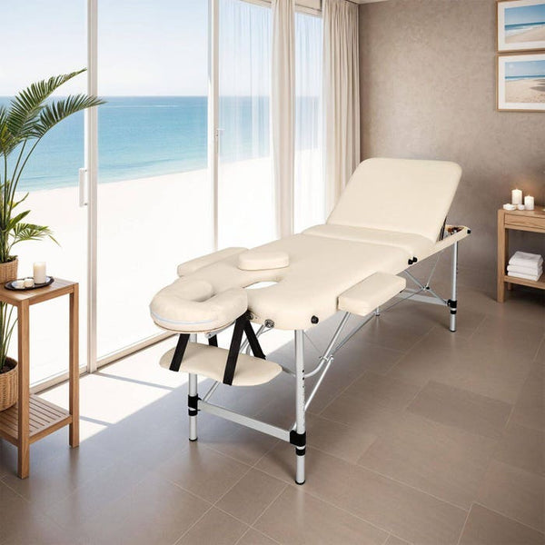 3 Zonen Massageliege mit 5cm Polsterung und Aluminiumgestell beige