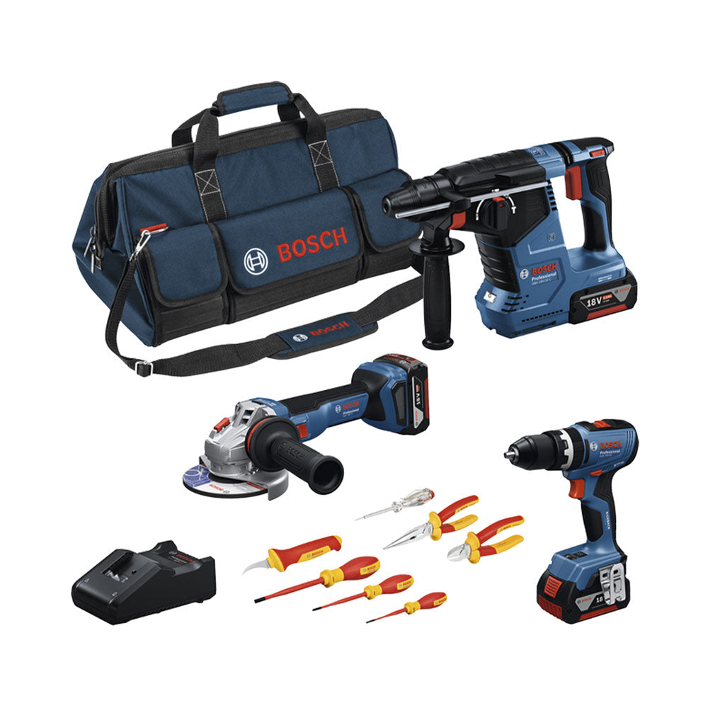 Bosch 3Tool kit GSB 18V-65+GWS 18V-11+GBH 18V-24 C+VDE Screwdrivers and Pliers+3x GBA 5.0Ah+GAL
