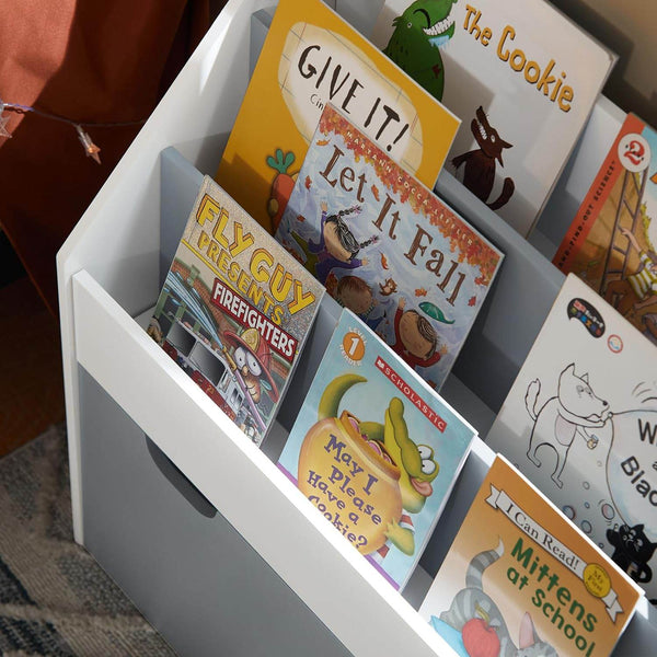 Kinderbücherregal | Spielzeugtruhe | Aufbewahrungsregal Kinderzimmer | Weiss/Grau| KMB17-HG