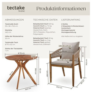 3-teiliges Gartenset Tisch und 2 Stühle Akazienholz Sand