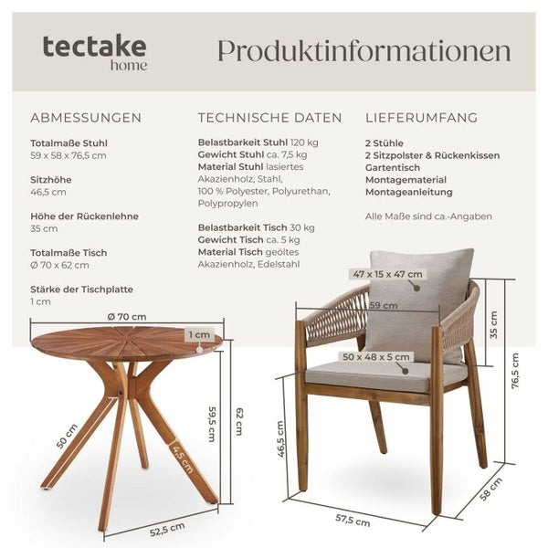3-teiliges Gartenset Tisch und 2 Stühle Akazienholz Sand
