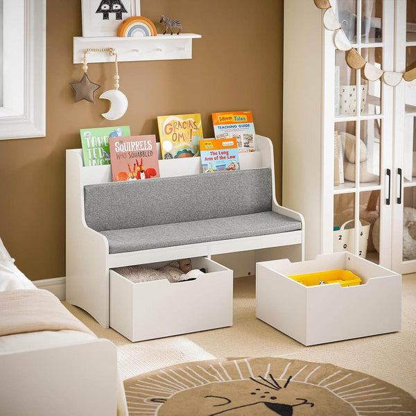 Sitzbank mit Bücherregal und Sitzkissen | Spielzeugtruhe | Aufbewahrungsbox mit Rollen | Weiss