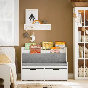 Sitzbank mit Bücherregal und Sitzkissen | Spielzeugtruhe | Aufbewahrungsbox mit Rollen | Weiss
