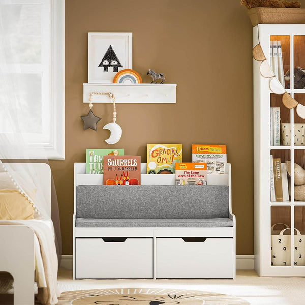 Sitzbank mit Bücherregal und Sitzkissen | Spielzeugtruhe | Aufbewahrungsbox mit Rollen | Weiss