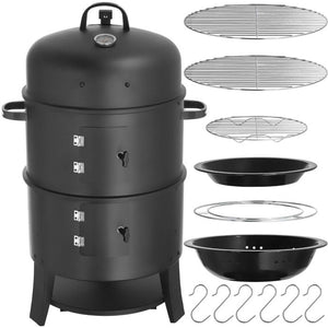 Räuchertonne 3in1 mit 2 Grillrosten und Thermometer schwarz