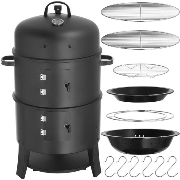 Räuchertonne 3in1 mit 2 Grillrosten und Thermometer schwarz