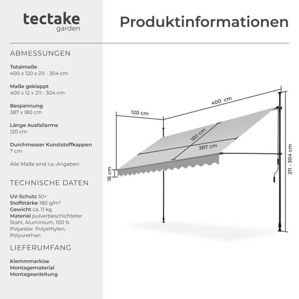 Klemmmarkise hellgrau 400 x 180 cm