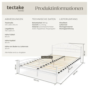 Metallbett mit Lattenrost im romantischen Design weiss/weiss 200 x 140 cm