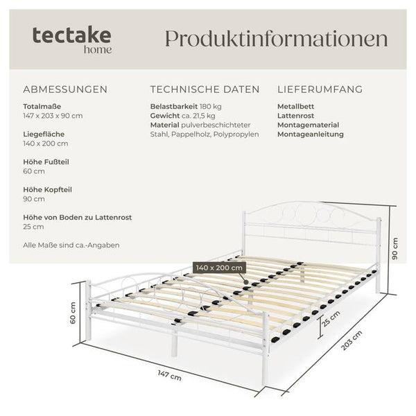 Metallbett mit Lattenrost im romantischen Design weiss/weiss 200 x 140 cm