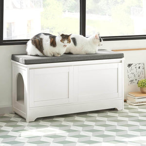 Katzenhaus mit Katzennäpfe | Tierhaus | Schuhbank mit Katzenhaus | Weiss FSR136-W
