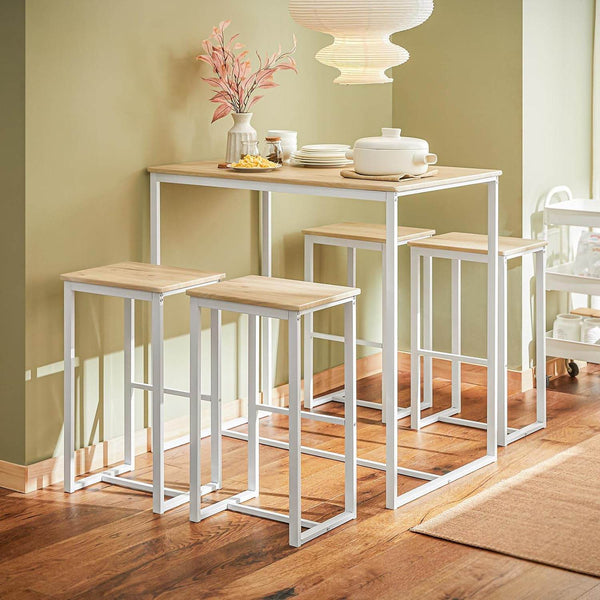 Bartisch mit 4 Hockern | Bartisch set | Stehtisch | 5-teilig | weiß-natur | OGT15-WN