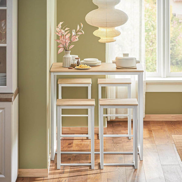 Bartisch mit 4 Hockern | Bartisch set | Stehtisch | 5-teilig | weiß-natur | OGT15-WN