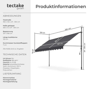 Klemmmarkise schwarz/grau 350 x 180 cm
