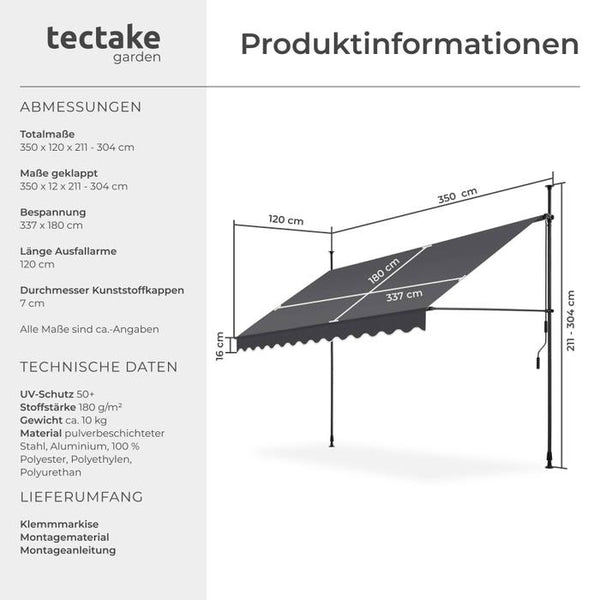 Klemmmarkise schwarz/grau 350 x 180 cm